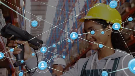 Animation-of-network-of-connections-with-icons-over-african-american-female-worker-in-warehouse