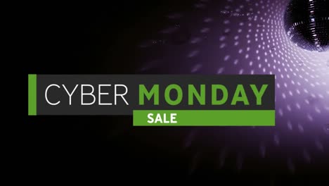 Animation-of-cyber-monday-sale-text-over-light-spots-and-disco-ball-on-black-background