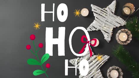 Animation-of-ho-ho-ho-text-over-christmas-decorations