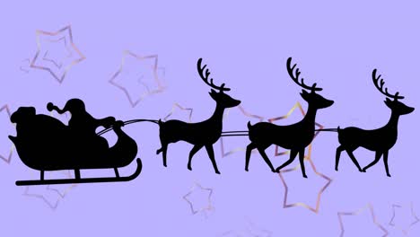 Animation-of-santa-claus-in-sleigh-with-reindeer-over-star-on-blue-background-at-christmas