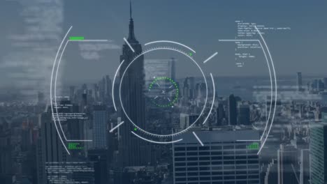 Animation-of-radar-and-programming-language-over-aerial-view-of-empire-state-building-in-city