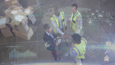 Animation-of-data-processing-and-world-map-over-diverse-workers-in-warehouse