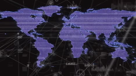 Animation-of-network-of-connections-and-data-processing-over-world-map-against-black-background