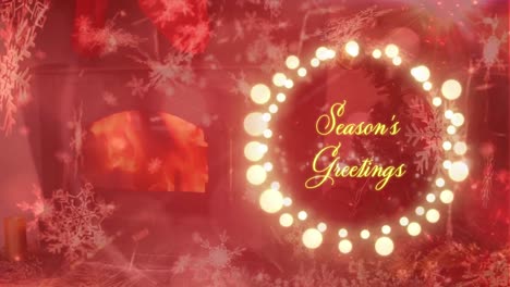 Animation-of-season's-greetings-text-over-fireplace-and-snowflakes-on-black-background
