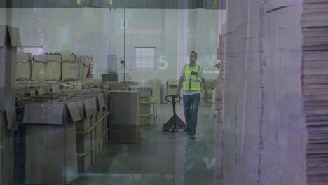 Animation-of-data-processing-over-caucasian-male-worker-in-warehouse