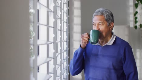 Video-of-senior-biracial-man-standing-looking-out-of-window-and-drinking-coffee