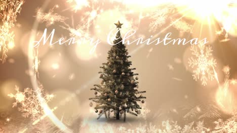Animation-of-merry-christmas-text-and-tree-over-snow-falling