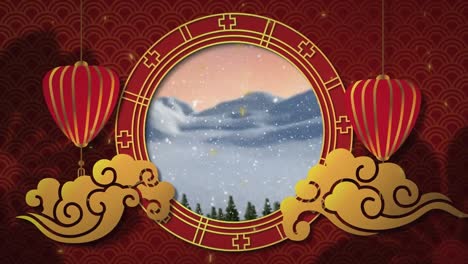 Animation-of-snowfall-and-mountains-covered-with-snow-seen-through-circle-and-lanterns