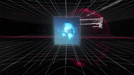 Animation-of-globe,-graphs-and-data-processing-on-screens-on-black-background