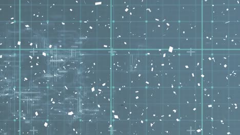 Animation-of-white-confetti-falling-over-grid-and-network-on-grey-background