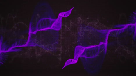 Animation-Eines-DNA-Strangs-über-Violetten-Formen-Auf-Schwarzem-Hintergrund