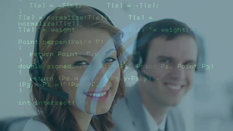 Animation-of-data-processing-over-diverse-male-and-female-customer-care-executive-smiling-at-office