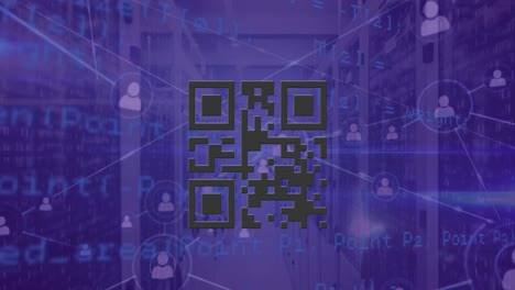 Animation-of-qr-code-with-network-of-connections-and-data-processing-over-server-room