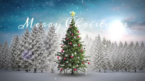 Animation-of-merry-christmas-text-and-christmas-tree-with-decorations-amidst-coniferous-trees