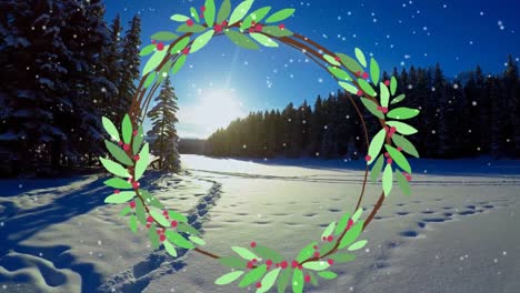 Animation-of-wreath-over-snow-falling-over-winter-landscape