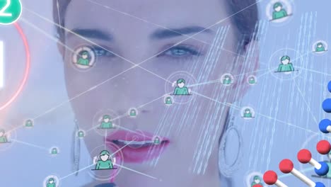 Animation-of-network-of-connections-with-icons-over-woman's-face