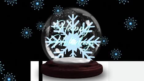 Animation-of-snow-falling-over-snow-globe-with-happy-holidays-text-on-black-background
