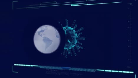 Animation-of-globe-over-data-processing-with-virus-cell-on-black-background