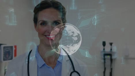 Animation-of-globe-and-data-processing-over-caucasian-female-doctor