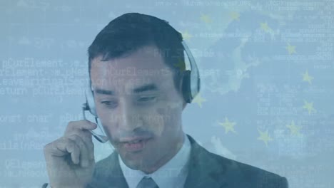 Animation-of-computer-language,-stars-forming-circle-over-caucasian-man-talking-through-headphones