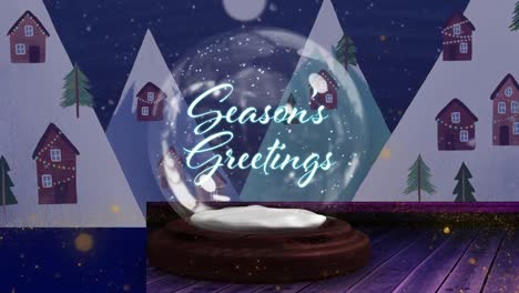 Animation-of-light-spots-over-snow-globe-with-seasons-greetings-text-and-winter-landscape