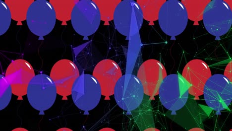 Animation-of-communication-network-over-red-and-blue-balloons-repeated-on-black-background