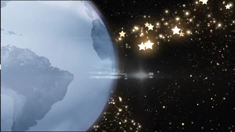 Animation-Eines-Sechseckmusters-Und-Eines-Fliegenden-Linseneffekts-über-Einem-Rotierenden-Globus-Vor-Schwarzem-Hintergrund