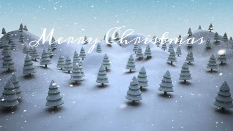 Animation-of-merry-christmas-text-and-coniferous-trees-on-snow-covered-mountains-against-sky