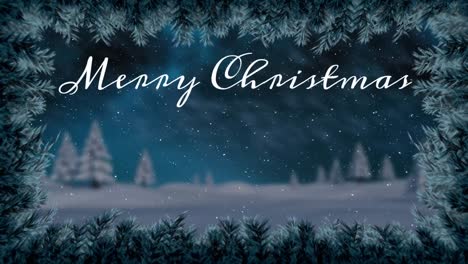 Animation-of-merry-christmas-text-and-snow-covered-trees-and-landscape-with-pine-leaves