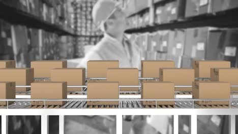 Animation-of-boxes-on-conveyor-belt-over-caucasian-male-worker-in-warehouse