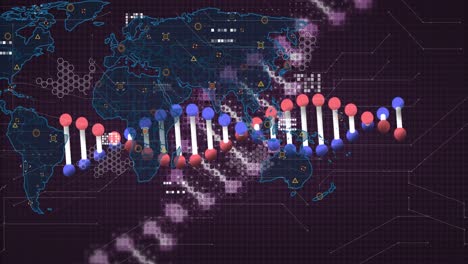 Animation-Des-DNA-Strangs-über-Der-Weltkarte-Auf-Schwarzem-Hintergrund