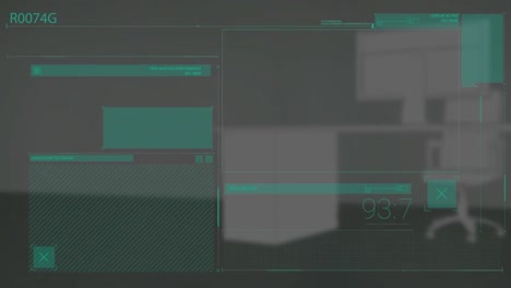 Animation-Der-Datenverarbeitung-über-Fenstern-Auf-Dunklem-Computerbildschirm-Mit-Grauem-Hintergrund
