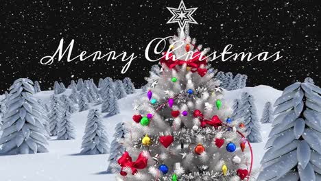 Animation-of-merry-christmas-text-and-snowfall-over-snow-covered-trees-and-mountains