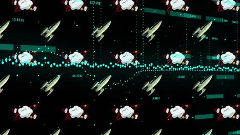 Animation-of-graph-and-data-processing-over-rocket-ships-and-clouds-on-black-background