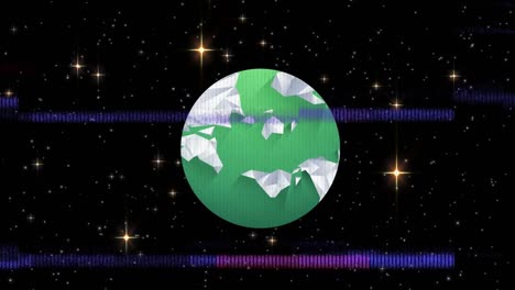 Animation-of-multicolored-glitch-technique-and-globe-and-illuminated-stars-in-space