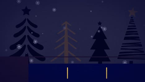 Animation-of-snow-falling-over-christmas-trees-and-winter-landscape