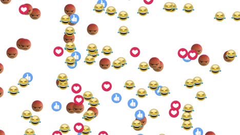 Animation-of-emoticons-and-social-media-reactions-moving-over-white-background