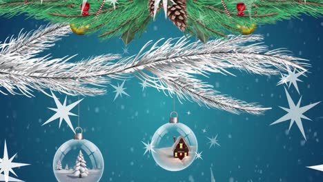 Animation-of-snow-falling-over-fir-tree-and-baubles-on-blue-background