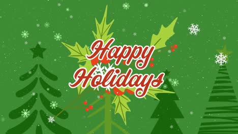 Animation-of-fir-trees-over-happy-holidays-text