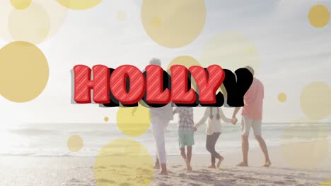 Animation-of-holly-text-and-light-spots-over-biracial-family-at-beach