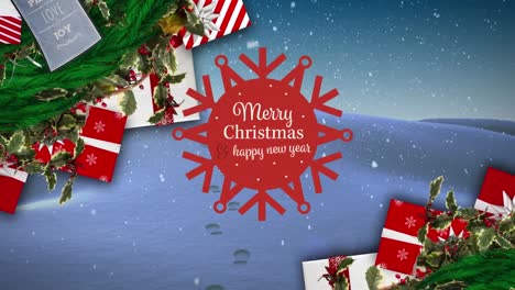 Animation-of-snow-falling-and-presents-over-merry-christmas-text