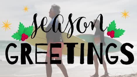 Animation-of-season-greetings-text-over-senior-biracial-couple-at-beach