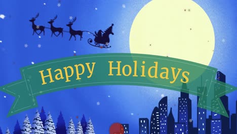 Animation-of-snow-falling-and-santa-in-sleigh-over-happy-holidays-text