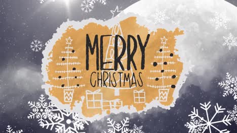 Animation-of-snow-falling-and-merry-christmas-text-over-winter-landscape