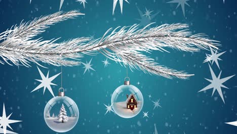 Animation-of-stars-and-baubles-with-tree-and-house-over-blue-background