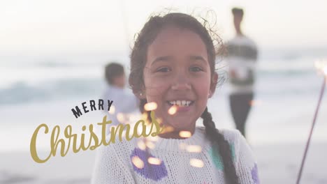 Animation-of-merry-christmas-text-over-biracial-family-at-beach