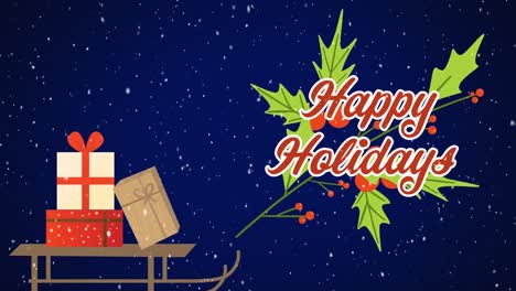 Animation-of-snow-falling-and-presents-over-happy-holidays-text