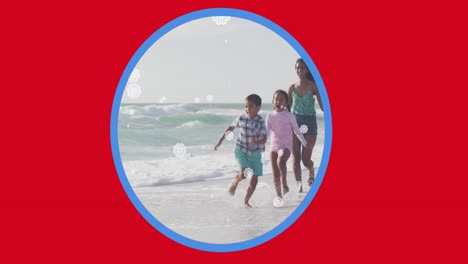 Animation-of-circle-and-snow-falling-over-biracial-family-at-beach
