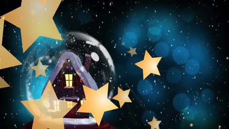 Animation-of-snow-falling-and-stars-over-snow-globe-with-house-and-light-spots-on-black-background