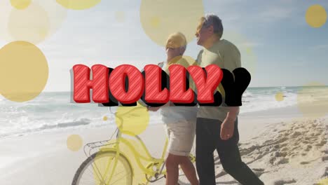 Animation-of-holly-text-and-light-spots-over-senior-biracial-couple-at-beach